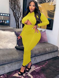 Cut Out Midi Dress Yellow Long Sleeve Bodycon Dress For Night Out, Yellow Long Sleeve Stretch Bodycon Dress, Yellow Stretch Long Sleeve Midi Dress, Yellow Stretch Midi Dress With Long Sleeves, Yellow Long Sleeve Stretch Midi Dress, Yellow Long Sleeve Bodycon Dress, Plus Size Long Dresses, Long Dress Plus Size, Solid Midi Dress