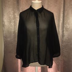 Mandee Black Button Down Blouse Nwt See Through Size L Classic Sheer Blouse For Fall, Sheer Button-up Top For Fall, Classic Sheer Tops For Fall, Sheer Button-up Workwear Tops, Chic Sheer Button-up Tops, Sheer Button-up Tops For Workwear, Sheer Collared Tops For Fall, Black Sheer Long Sleeve Shirt, Sheer Button-up Chic Blouse