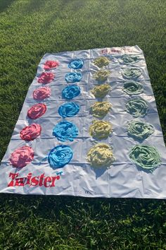 a blanket that is laying in the grass with some cupcakes on top of it