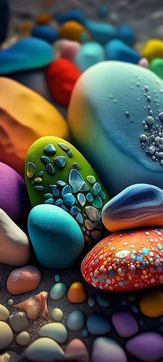 colorful rocks and pebbles with water droplets on them