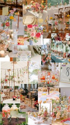 a collage of photos with flowers and candles in them, including tables, chairs, and decorations