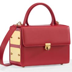 Calf Leather Bag With Clasp Closure In The Front Red Leather Lining Leather Handle Adjustable And Detachable Leather Shoulder Strap Golden Hardware Two Inside Pockets, Including One With Closure Dimensions 20 11 15 Cm Light Mark On Front Luxury Red Box Bag For Office, Formal Red Flap Bag With Magnetic Closure, Luxury Red Office Box Bag, Red Satchel With Gold-tone Hardware Modern Style, Modern Red Satchel With Gold-tone Hardware, Designer Red Rectangular Box Bag, Luxury Red Rectangular Shoulder Bag, Red Square Box Bag For Office, Red Luxury Box Bag For Travel