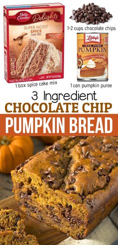 chocolate chip pumpkin bread recipe with 3 ingredients