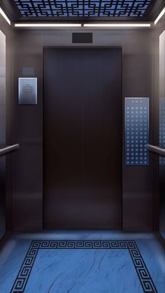 an elevator with two elevators and tiled floors