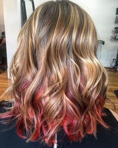 Best Highlights For Blonde Hair, Blonde Hair With Red Tips Dip Dyed, Red Highlights For Black Hair, Dark Blonde With Red Highlights, Red Hair Underneath Brown, Boys Blonde Hair, Hair With Red Tips, Red Hair Ends