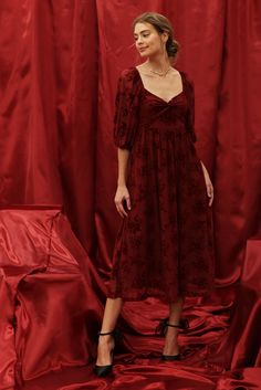 3/4 PUFF SLEEVE ELASTIC CUFF TWIST FRONT SWEETHEART NECKLINE BACK SMOCKING VELVET FLORAL PRINT LINED Velvet Long Sleeve Dress, Long Sleeve Velvet Dress, Twist Front Dress, Velvet Midi Dress, Burgundy Floral, Midi Length Skirts, Satin Midi Dress, Jumpsuit Shorts Rompers, Sleeve Midi Dress