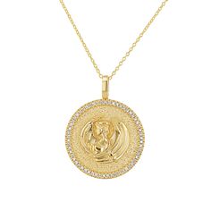 This sparkly and bold Zodiac Necklace is a stunning symbol of the sign that means most to you. Stunningly crafted in 14K Solid Gold, with a luxurious pave set diamond trim all around. This is the perfect centerpiece to complete your new favorite layer. Available in 3 gold colors and many chain length options. 

Size: 22mm Diameter 
Approx. .40cts Diamonds
High Quality G Color VS2 Clarity Natural Diamonds
14K Solid Gold
Lifetime Guarantee
Made in Los Angeles Luxury Yellow Gold Medallion Necklace With Polished Finish, Luxury Classic Gold Medallion Necklace, Luxury Medallion Necklace With Single Cut Diamonds, Luxury Brilliant Cut Medallion Necklace, Luxury White Gold Medallion Diamond Necklace, Zodiac Necklace, Gold Colors, Medallion Necklace, Zodiac Necklaces