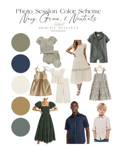 several different types of clothes and clothing for children with the words, photo session color scheme