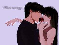 two people kissing each other while holding an apple in front of their face with the words love and deep space above them