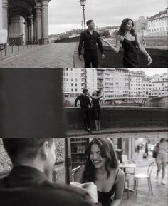 black and white photos of people walking in the city, one woman is holding her hand out