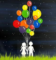 an acrylic painting of two children holding balloons in the night sky with stars