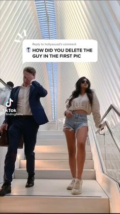 a man and woman walking up some stairs with an empty speech bubble above them that says, how did you delete the guy in the first pic?