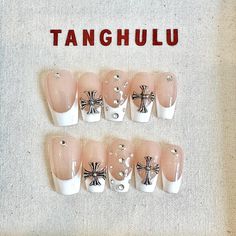 Hello Gorgeous! ️  Welcome to our Tanghulu Nails. We have so many new collections. Hope you find your style of Tanghulu Nails.  🍡  𝐌𝐚𝐭𝐞𝐫𝐢𝐚𝐥: We only work with high-quality materials to create sturdy & long-lasting luxury press on nails that you can trust on. Tanghulu nails will last for: 1- 2 days using adhesive tab (provided with the nail set) 2- 3 weeks using Tanghulu solid glue (sold seperatly). You can reuse all of the nails multiple times if you take care of them. Follow the instructions provided with the nail set. 🍡  𝐒𝐢𝐳𝐞: Please follow the instructions in the last photo for size measurement. We are happy to help you measure your nail size if you're not sure how, simply DM tanghulunails on Instagram 🍡  𝐄𝐚𝐜𝐡 𝐍𝐚𝐢𝐥 𝐬𝐞𝐭 𝐢𝐧𝐜𝐥𝐮𝐝𝐞𝐬: - One set of nails ( 10 Silver Nail Charms, Goth Charm Nails, Cross Nail Charm, Dangling Nail Charms, Gothic Nail Charms, Gothic Chic, Liquid Nails, Acrylic Storage, White Tip