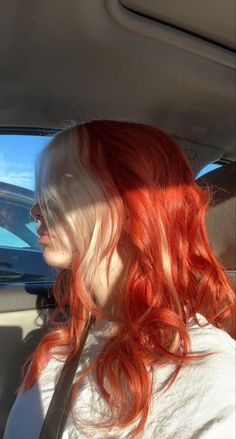 Red Hair Ariel, What Color To Do After Red Hair, Red Orange Hair With Blonde Money Piece, Red Hair Orange Money Piece, Red Head Anime Female Pfp, Red Hair With White Tips, Red Hair White Bangs, Red Hair Blonde Front Pieces, Blonde And Red Hair Ideas