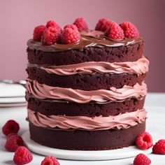 a chocolate cake topped with raspberries and frosting