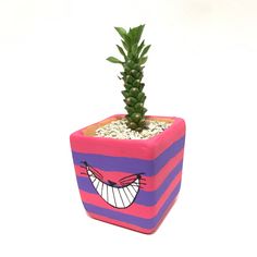 a small potted plant with a smiling face on it's front and side