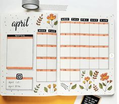 an open planner with flowers on it and the words, april written in black ink