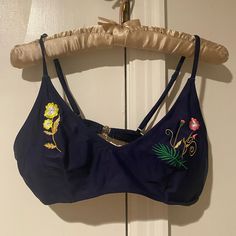 New And Never Worn! No Tags! Navy Blue High-Waisted Bikini With Colorful Embroidered Flowers On Top And Bottom. Top Straps Are Adjustable! Embroidered Swimwear For Summer Beach, Embroidered Swimwear For Beach In Summer, Summer Swimwear With Floral Embroidery, Summer Beach Swimwear With Floral Embroidery, Summer Floral Embroidered Swimwear For Beach, Floral Embroidered Swimwear For Summer Beach, Embroidered Swimwear For Beach Season, Embroidered Swimwear For Beach Vacation, Embroidered Beachwear Swimwear For Beach Season