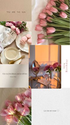 pink tulips and other flowers are arranged in four different pictures, with the words you are the sun above them