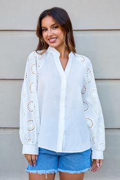 The White Button-Up Eyelet Puff Sleeve Blouse delivers with charming eyelet details and statement puff sleeves. It’s your new go-to for adding a touch of whimsy to any outfit—perfect for turning ordinary into extraordinary! Product code: CAA04B4G021CC Features:  Woven Standing collar with V-neck Eyelet puff sleeves Front buttons Pattern: Faux Texture Wash Method: Regular Wash Material: 100%POLYESTER. Spring Puff Sleeve Blouse With Button Closure, White Bishop Sleeve Puff Top For Spring, White Puff Sleeve Top With Bishop Sleeves For Spring, Spring Blouse With Bishop Sleeves And Button Closure, Spring Blouse With Lantern Sleeves And Button Cuffs, Chic Spring Puff Sleeve Top With Button Closure, Chic Puff Sleeve Top With Buttons For Spring, Chic Puff Sleeve Top With Button Closure For Spring, Lantern Sleeve Blouse With Button Cuffs For Spring