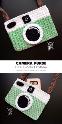 the camera purse is crocheted in green and white