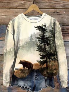 Multicolor Long Sleeve Top For Outdoor, Casual Long Sleeve Sweater With Bear Print, Multicolor Tops For Outdoor Fall Season, Long Sleeve Cotton Tops With Bear Print, Casual Bear Print Tops For Fall, Fall Bear Print Crew Neck Top, Bear Print Crew Neck Top For Fall, Fall Long Sleeve Tops With All Over Print, Winter Long Sleeve Tops With All Over Print