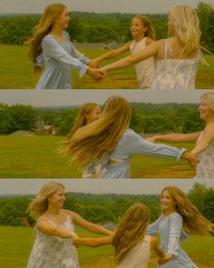 two beautiful young women holding hands in a field