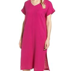 Designer: Eileen Fisher Size: Xx-Small Condition: New With Tags Originally $258.00!!! Style: Casual & Classic Dress Fabric: 100% Organic Cotton Slips On Over Head V-Neck Short Dolman Sleeves With Cuffs Dual Side Vents Unlined Feminine V-neck Dress For Daywear, Relaxed Fit V-neck Midi Dress, Casual Maxi V-neck Dress, Feminine Midi V-neck Dress For Daywear, Feminine Daywear Maxi Dress, Pink V-neck Dress With Side Slits, Relaxed Fit V-neck Sundress Midi Dress, Chic Longline Spring Dress, Chic Longline Summer Dress