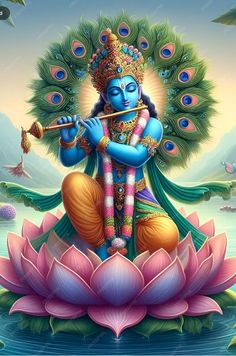 the god is sitting on top of a lotus flower with his flute in front of him