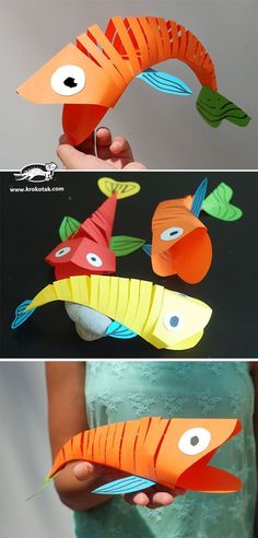 three different pictures of fish made out of paper