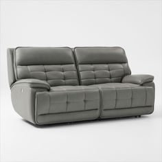 two seat reclining sofa with power headrests and foot rest in grey leather