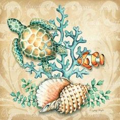 Sea Life I Poster Print by Sydney Wright Image 1 Zee Tattoo, Sea Creatures Art, Sea Life Art, Turtle Tattoo, Nautical Art, Sea Art, Ocean Art, Fine Arts Posters, A Sea