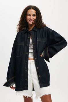 OVERSIZED DENIM SHIRT Oversized Denim Button-up Tops, Oversized Dark Wash Denim Top, Oversized Cotton Denim Top For Everyday Wear, Oversized Dark Wash Shirt For Spring, Dark Wash Relaxed Fit Shirt For Fall, Relaxed Fit Dark Wash Shirt For Fall, Dark Wash Oversized Denim Top, Oversized Dark Wash Top With Button Closure, Oversized Dark Wash Tops For Spring