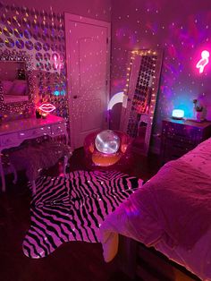 Bedroom with pink neon lights, wall of CD's, zebra print rug,disco ball with decor. Chill Room, Indie Room, Makeover Bedroom, Pretty Room, Dreamy Room, Dream Room Inspiration