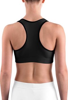 This gorgeous sports bra is made from moisture-wicking material that stays dry during low and medium intensity workouts. The bra has support material in the shoulder straps, double layer front, and a wide elastic band to ensure constant support. Workout Racerback Bra With Built-in Padding, Functional Gym Bra With Built-in Padding, Black Sports Bra With Built-in Padding For Gym, Black Sports Bra With Built-in Padding For Training, Technical Athletic Fit Sports Bra For Yoga, Racerback Gym Bra With Built-in Padding, Technical Sports Bra With Athletic Fit For Yoga, Sports Bra With Built-in Padding And Racerback, Technical Sports Bra For Yoga