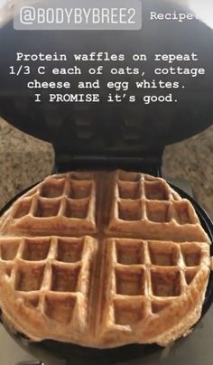 a waffle is sitting on top of a plate with the words, protein waffles repeat 1 / 3 each of eats, cottage cheese and egg whites i promise it's good