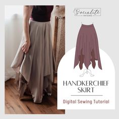 a woman wearing a skirt with the words, handkecheff skirt digital sewing pattern