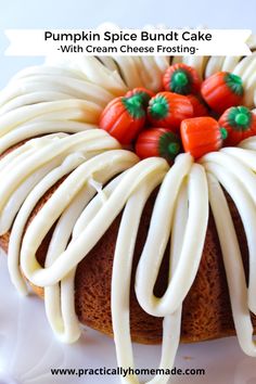 pumpkin spice bundt cake with cream cheese frosting made with a cake mix recipe