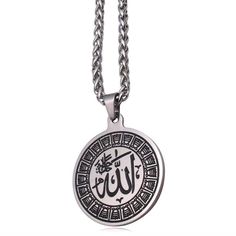 Engraved Allah Necklace Are you looking for that perfect gift for him or her? You know he or she likes trendy Allah Necklaces and wants a necklace that is special and unique? Well, our necklace is handcrafted and engraved. So this is the perfect choice for occasions like Eid. Our product comes in 2 options pendant only or with 60cm chain. Our product comes in 2 options pendant only or with 60cm chain Perfect gift for him or her Handcrafted and engraved Made from high-grade stainless Steel Free t Engraved Stainless Steel Chain Necklace As Gift, Gift Stainless Steel Engraved Chain Necklace, Spiritual Adjustable Chain Necklace, Engraved Stainless Steel Medallion Jewelry, Personalized Round Metal Chain Necklace, Black Stainless Steel Medallion Necklaces, Black Stainless Steel Medallion Necklace, Black Medallion Stainless Steel Necklaces, Symbolic Chain Jewelry As Gift