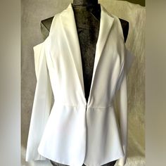 Tailored Fit 8” Peplum Fully Lined Front Hook Closure 65% Polyester 31% Viscose 4% Spandex Lining 100% Polyester Rn 174979 Measurement Laid Flat: Length 25” Arm Pit To Arm Pit 18” Dry Clean White Long Sleeve Outerwear For Night Out, White Blazer For Night Out In Fall, Fitted Fall Blazer For Brunch, White Outerwear For Night Out In Fall, Fitted Fall Brunch Blazer, Chic White Outerwear For Party, Elegant Fitted Outerwear For Brunch, Chic Fitted Outerwear For Brunch, Chic Long Sleeve Blazer For Brunch