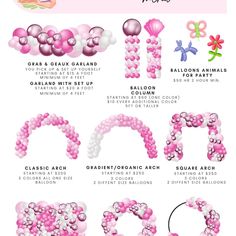 the instructions for balloon archs are shown in pink, white and silver colors with balloons attached