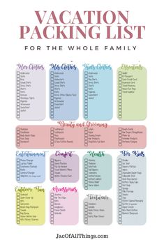 the vacation packing list for the whole family is shown in this printable version, which includes