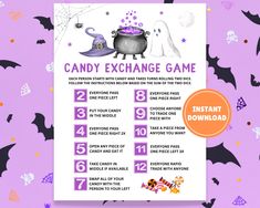 a candy exchange game is shown with bats and witches around it on a purple background