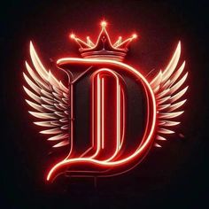 the letter d with wings and a crown on top is lit up in red light