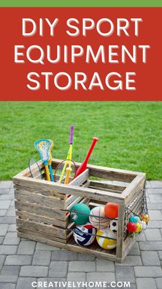 DIY sport equipment storage unit made from repurposed fence filled with bats and balls Storage For Sports Equipment, Outdoor Sports Ball Storage, Diy Toy Storage Outdoor, How To Organize Outdoor Toys, Diy Outdoor Toy Storage Ideas, Ball Organizer Diy, Outside Ball Storage, Diy Ball Holder Storage, How To Store Outdoor Toys