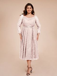 Pearl_Pink White Wisteria, Timeless Dress, Tea Length, Tea Length Dresses, Chiffon Fabric, Long Sleeve Lace, Dress With Bow, Mother Of The Bride Dresses, Chiffon Dress