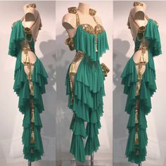 three different views of a woman's green dress with gold trims and sequins