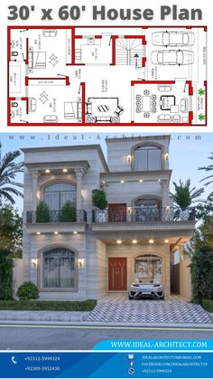 the front and back side of a house plan with an attached balcony, two cars parked in