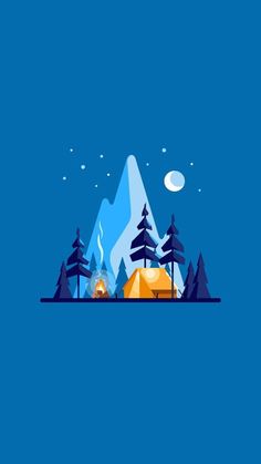 a tent in the woods at night with mountains and trees around it, as well as a full moon