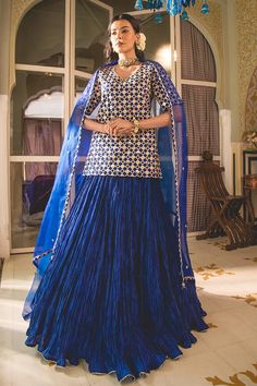 Midnight blue short kurta with geometric marori and zardosi embroidery. Paired with coordinating tasselled dupatta and solid crush lehenga. - Aza Fashions Crush Lehenga, Kurta And Lehenga, Embroidery Geometric, Geometric Leaf, Zardosi Embroidery, Short Kurta, Silk Embroidery, Set For Women, Blue Shorts